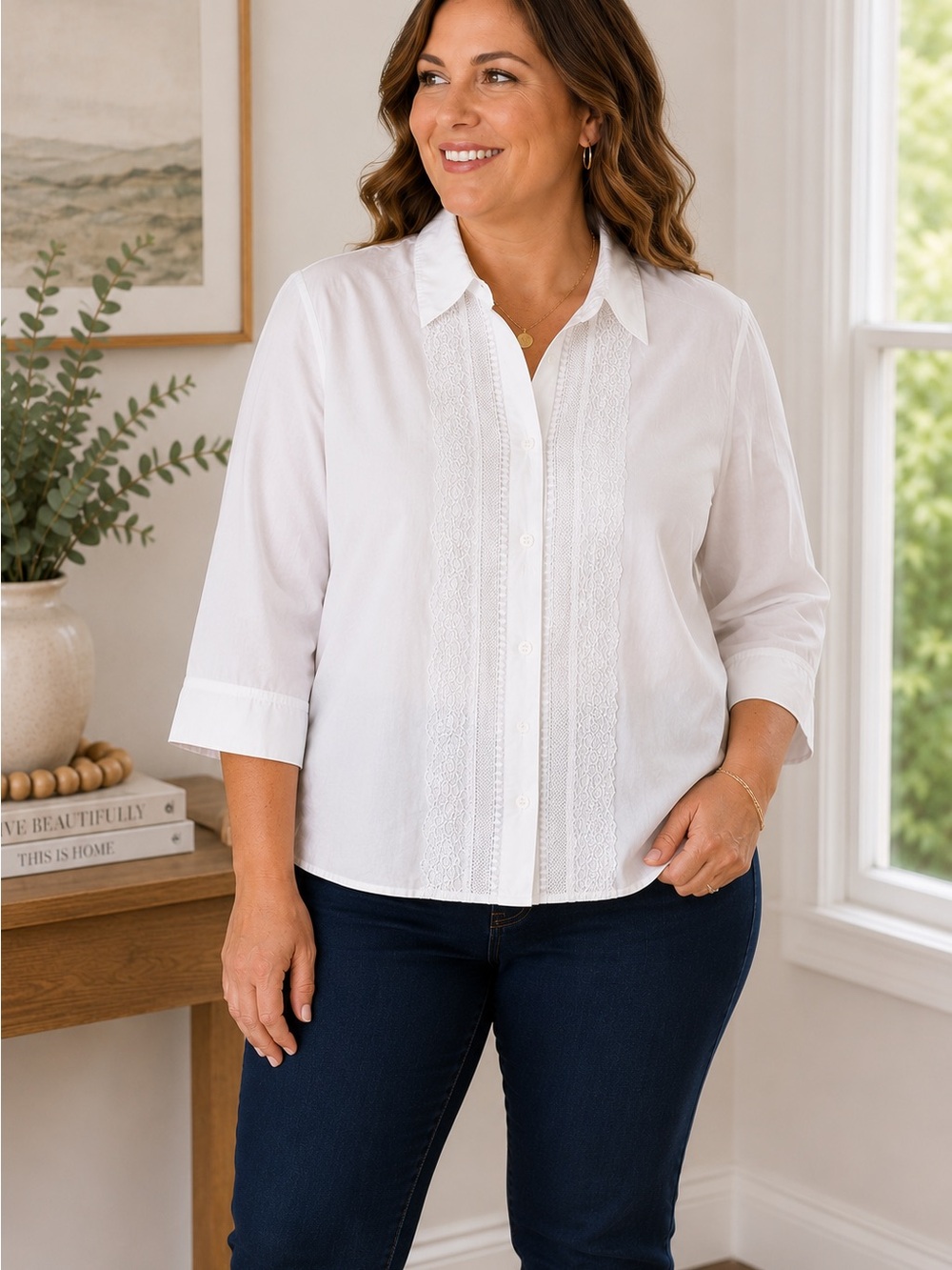 NWT Alfred Dunner White Embroidered Button Front Blouse Size 14 Career Casual